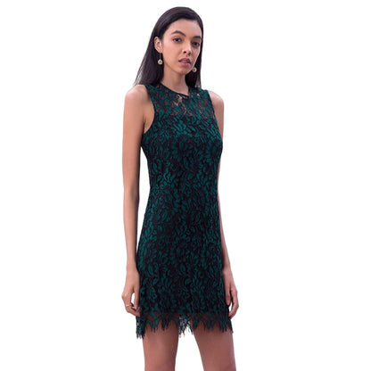 JJparty-D097-4 Women floral leaf eyelash lace sleeveless fitted day and party mini dress
