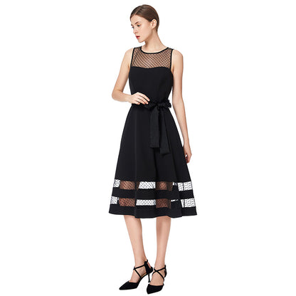 JJparty-D031 Women solid sleeveless swiss dot tulle-panel flared midi party dress