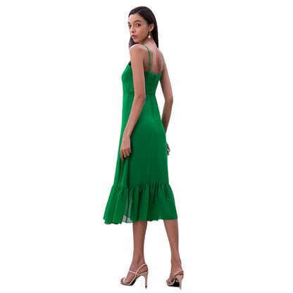 JJparty-D261-1 Women solid chiffon strappy tiered ruffle flared midi party dress