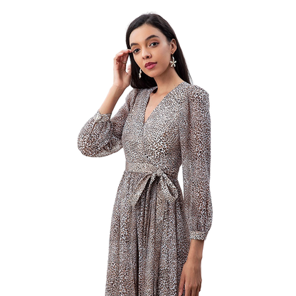 JJparty-D265 Women leopard print chiffon long puff sleeves wrap design pleated midi dress