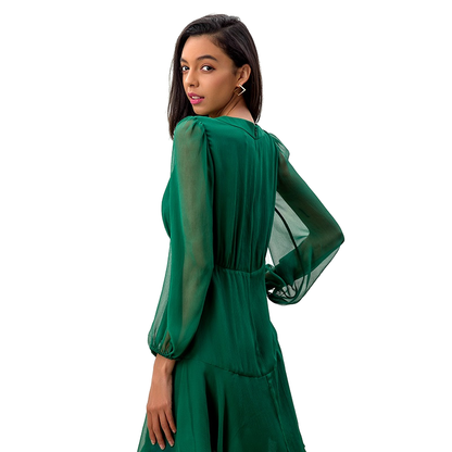 JJparty-D272 Women silk crinkle chiffon long puff sleeves flounced mini dress
