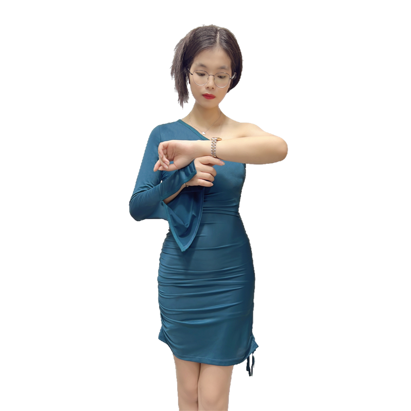 JJparty-D406 Women solid one-shoulder long sleeve ruched stretch-jersey bodycon mini dress