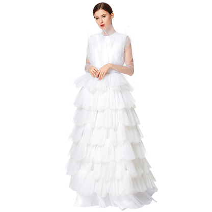 JJparty-D132 Women Girls satin top round neck pleated ruffle tiered tulle gown