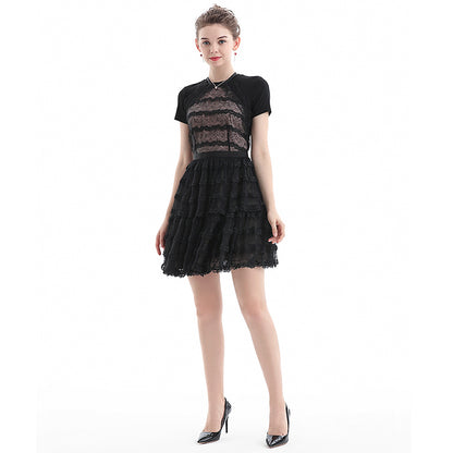 JJparty-D073 Women lace halter neck scallop trims ruffled detail tiered mini evening dress