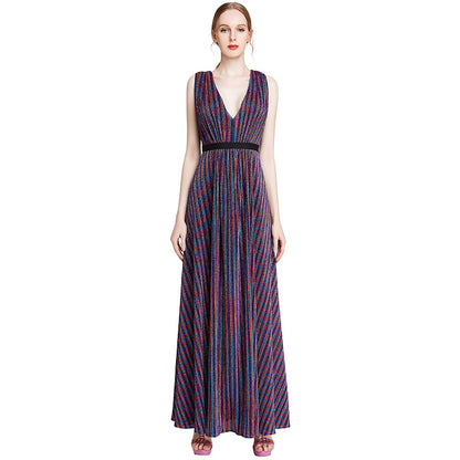 JJparty-D014 Women metallic knit V neck sleeveless pleated maxi evening dress