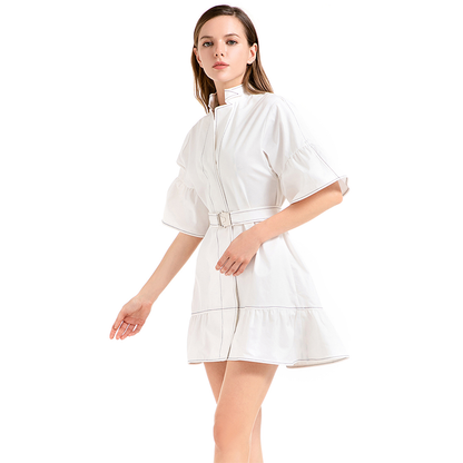 JJparty-D020 Women solid cotton twill short sleeves belted smart casual mini dress
