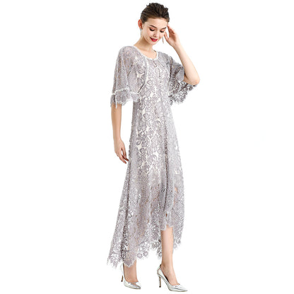 JJparty-D078-1 Women floral lace cape sleeve flared asymmetric hem midi evening dress