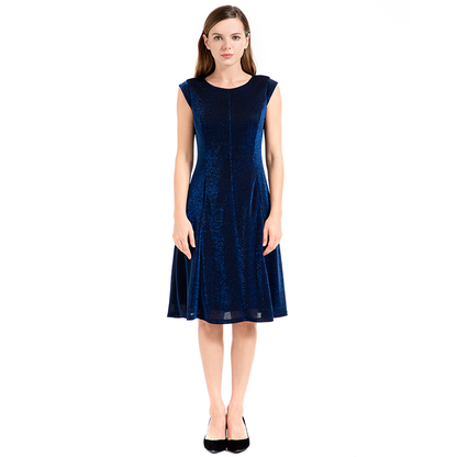 JJparty-D026 Women semi-sheer metallic knit round neck sleeveless A-line flared midi party dress