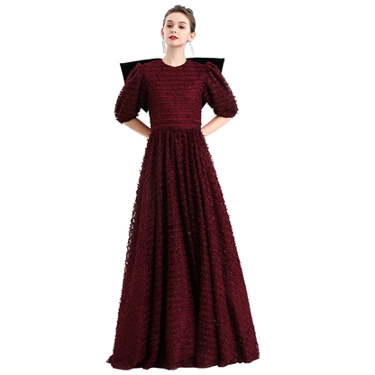 JJparty-D119 Girls All-over embroidered ribbon three-quarter puff sleeves flared hem maxi gown