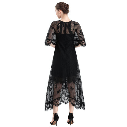 JJparty-D078-2 Women floral lace cape sleeve flared asymmetric hem midi evening dress