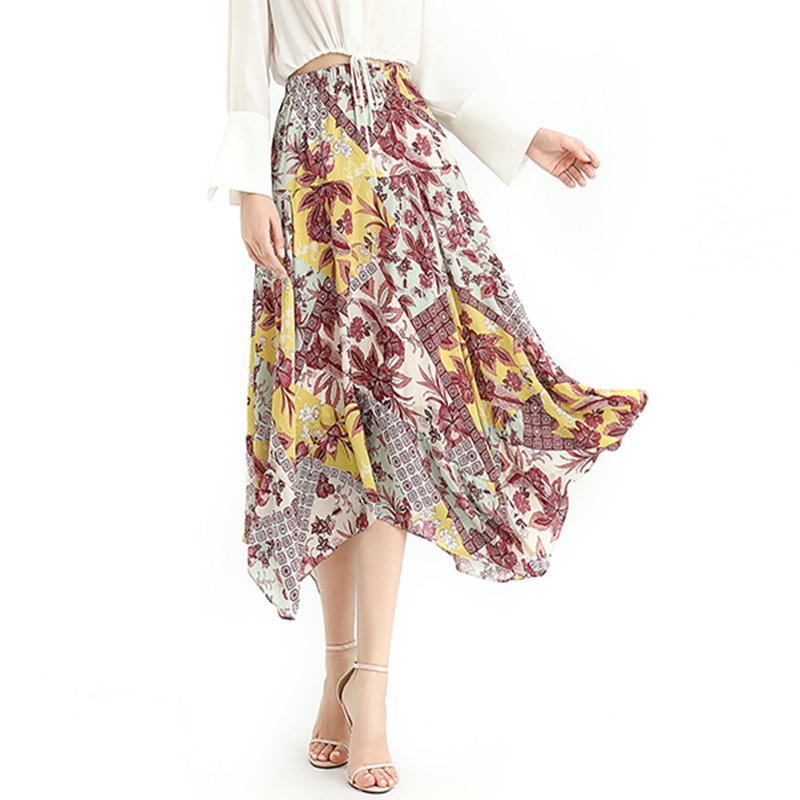 JJparty-S068-5 Women vintage print asymmetric panelled long flare handkerchief skirt