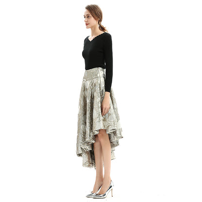 JJparty-S144 Women metallic bubble jacquard full circle asymmetric flare party skirt