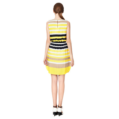 JJparty-D039 Women stripe print round neck sleeveless tie-waist straight-cut mini dress