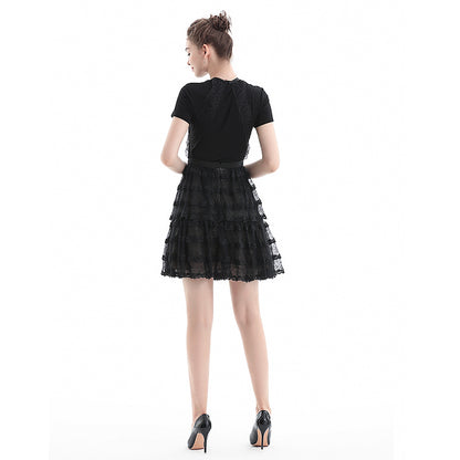 JJparty-D073 Women lace halter neck scallop trims ruffled detail tiered mini evening dress