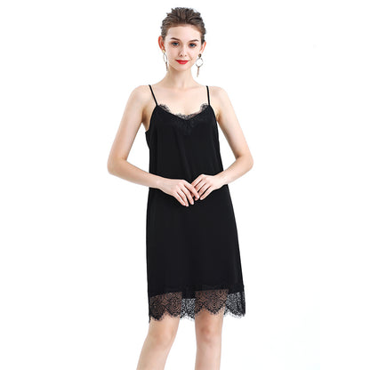 JJparty-D102 Women solid polyester lace trimmed strappy mini slip dress
