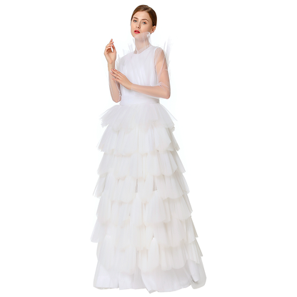 JJparty-D132 Women Girls satin top round neck pleated ruffle tiered tulle gown