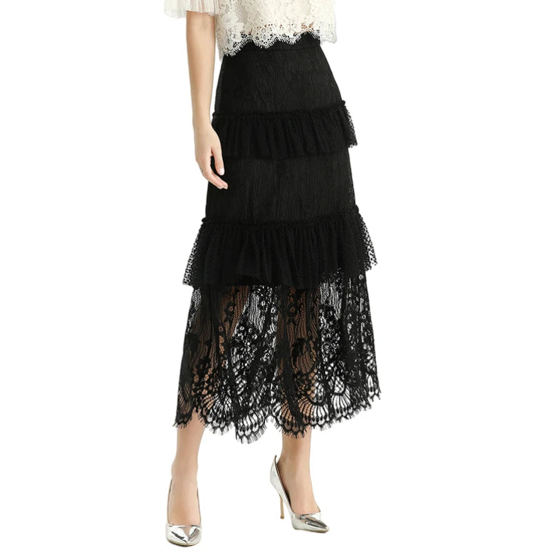 JJparty-S167-1 Women floral lace Swiss dot tulle tiered ruffle long evening skirt