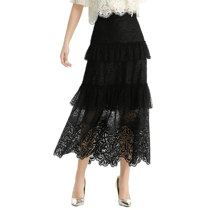 JJparty-S167 Women sequin embellished lace Swiss dot tulle tiered ruffle long evening skirt