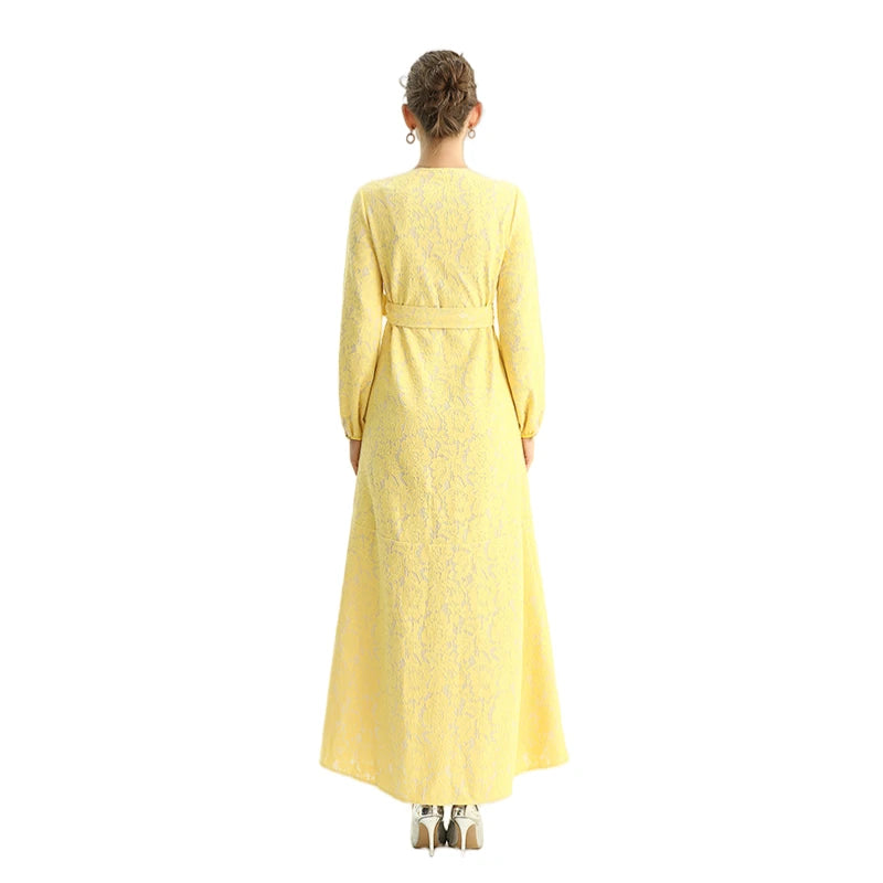 JJparty-C165-2 Women bonded lace long sleeves evening maxi robe dress