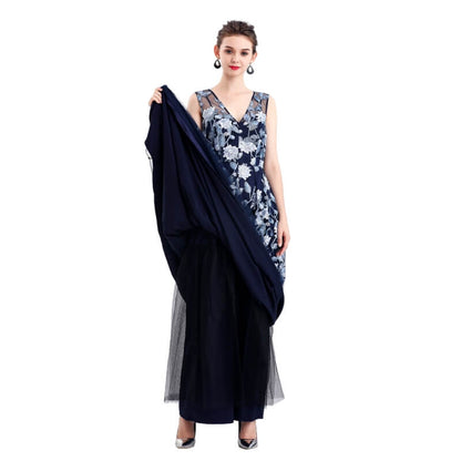 JJparty-D055 Women all-over floral embroidered V neck sleeveless full circle flared maxi evening dress