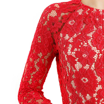 JJparty-D080-2 Women floral scallop lace long sleeves flared pleated party midi dress