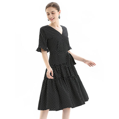 JJparty-D081-2 Women polka dot print short sleeves tiered midi day dress