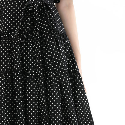 JJparty-D081-2 Women polka dot print short sleeves tiered midi day dress