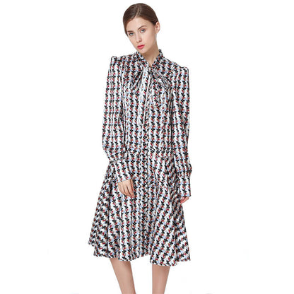 JJparty-D140 Women flower print bow tie long puff sleeves tiered midi day dress