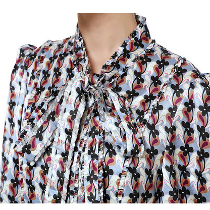 JJparty-D140 Women flower print bow tie long puff sleeves tiered midi day dress