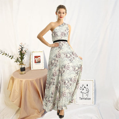 JJparty-D202 Women print CDC single shoulder sunburst pleated maxi evening dress