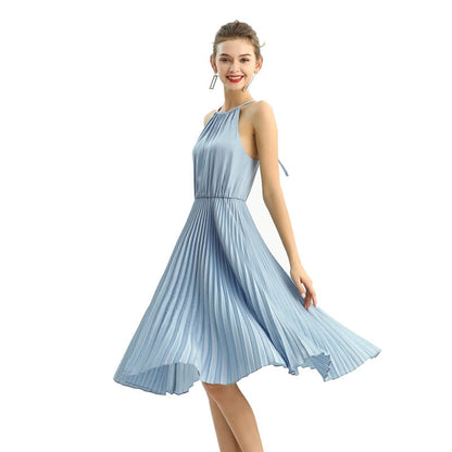 JJparty-D208 Women solid satin halter neck pleated midi evening dress