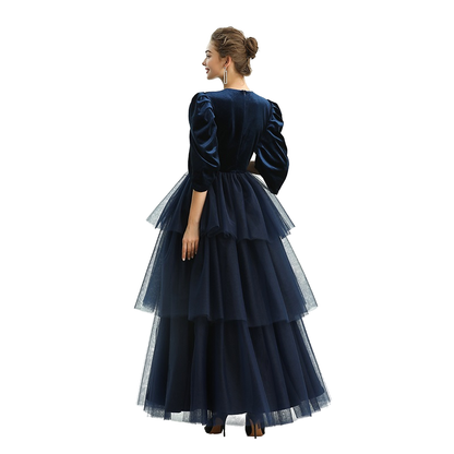 JJparty-D193 Girls velvet three-quarter puff sleeves tiered flared maxi tulle gown