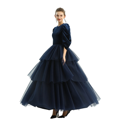 JJparty-D193 Girls velvet three-quarter puff sleeves tiered flared maxi tulle gown