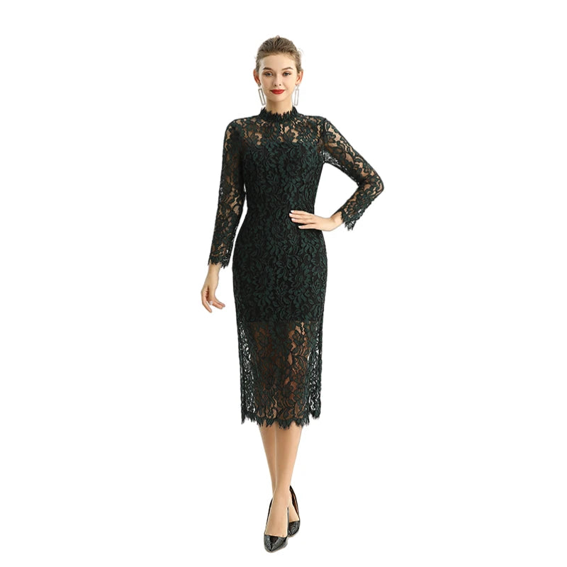 JJparty-D088 Women two-tone floral lace mock neck long sleeve slim fit midi party dress
