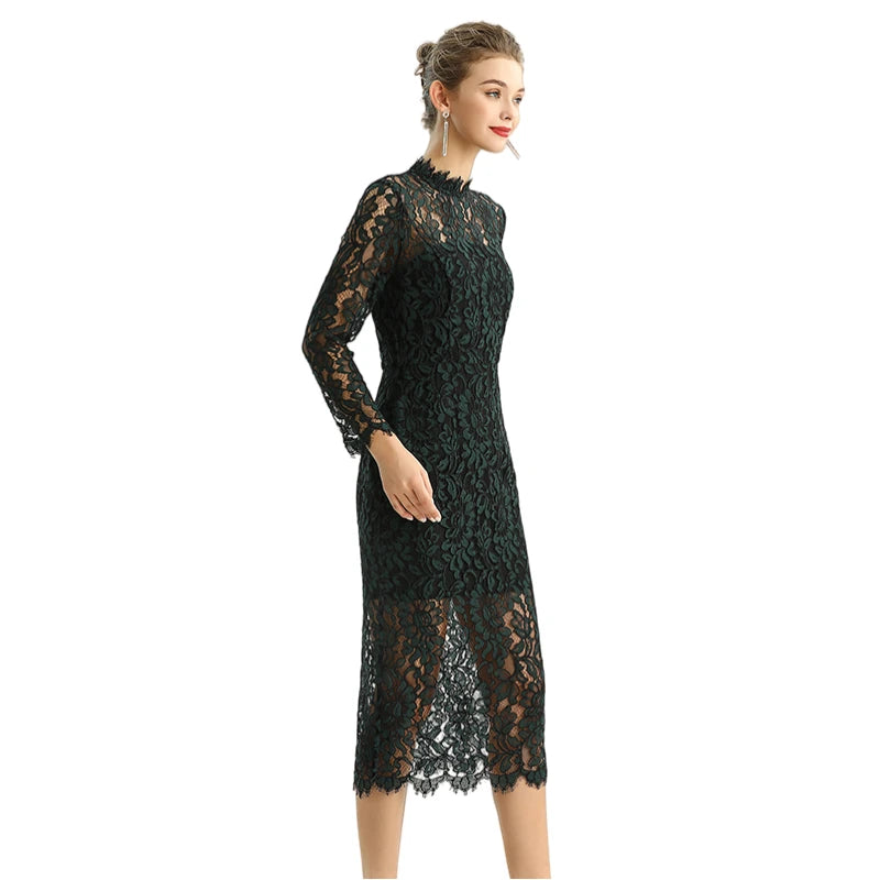 JJparty-D088 Women two-tone floral lace mock neck long sleeve slim fit midi party dress