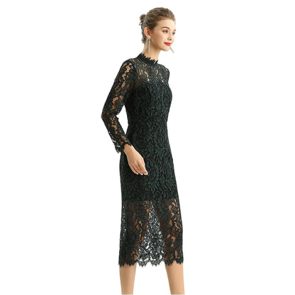 JJparty-D088 Women two-tone floral lace mock neck long sleeve slim fit midi party dress
