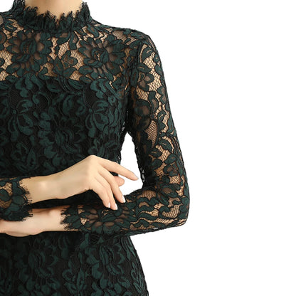 JJparty-D088 Women two-tone floral lace mock neck long sleeve slim fit midi party dress
