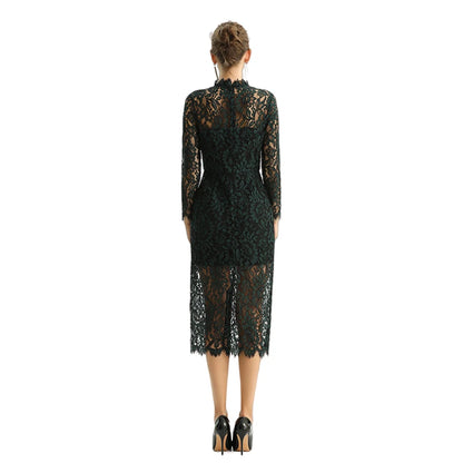 JJparty-D088 Women two-tone floral lace mock neck long sleeve slim fit midi party dress