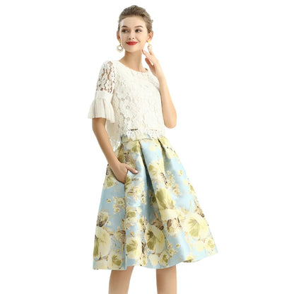 JJparty-S137-2 Women metallic floral jacquard inverted pleat A-line midi skirt