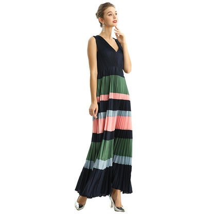JJparty-D198 Women color block satin V neck pleated maxi evening dress