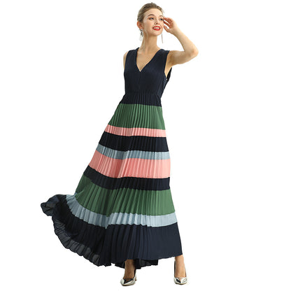 JJparty-D198 Women color block satin V neck pleated maxi evening dress