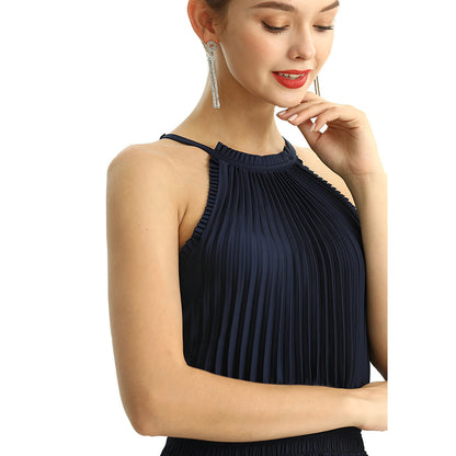 JJparty-D199 Women solid satin halter neck smocked-waist sunburst pleated maxi evening dress