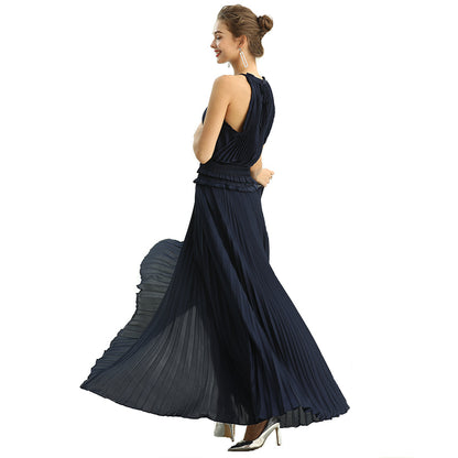 JJparty-D199 Women solid satin halter neck smocked-waist sunburst pleated maxi evening dress