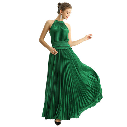 JJparty-D199 Women solid satin halter neck smocked-waist sunburst pleated maxi evening dress