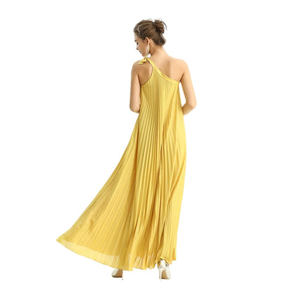 JJparty-D204 Women glazed fabric single shoulder sunburst pleated maxi dress