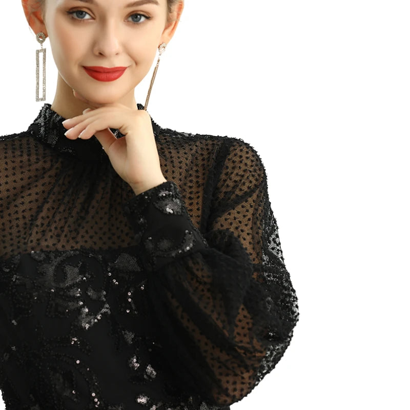 JJparty-D124 Women sequin embellished organza mock neck long puff sleeves fitted midi evening dress