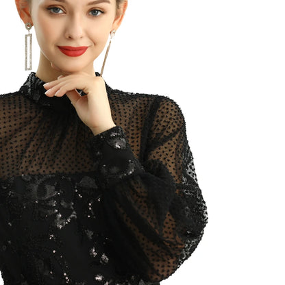 JJparty-D124 Women sequin embellished organza mock neck long puff sleeves fitted midi evening dress