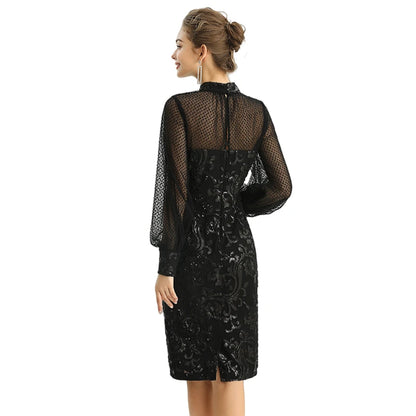 JJparty-D124 Women sequin embellished organza mock neck long puff sleeves fitted midi evening dress