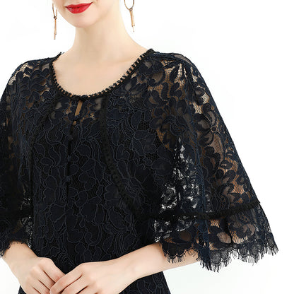 JJparty-D078-3 Women floral lace cape sleeve flared asymmetric hem midi evening dress
