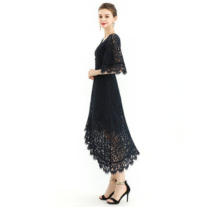 JJparty-D078-3 Women floral lace cape sleeve flared asymmetric hem midi evening dress